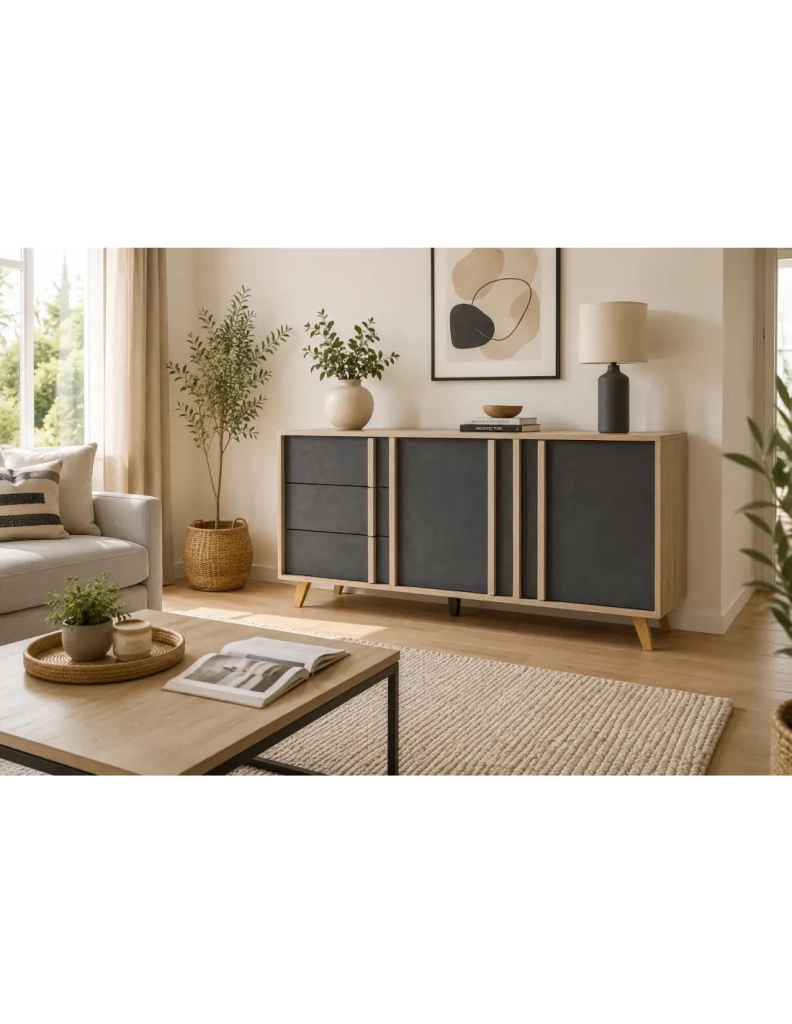 Sala da pranzo completa MALMO con tavolo 6 posti 160 cm e buffet 165 cm - Rovere chiaro e grigio