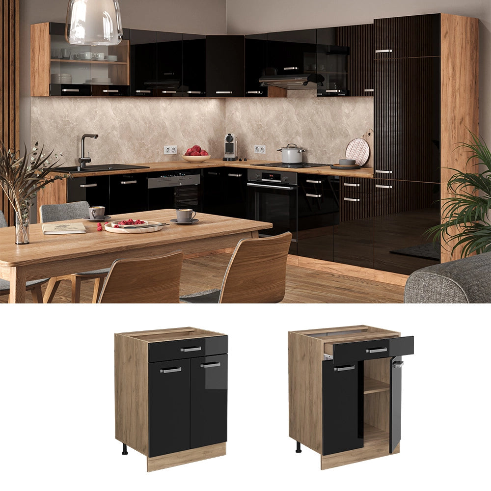 Vicco Mobiletto base per cucina Nero lucido 60 cm con cassetto, PL Rovere