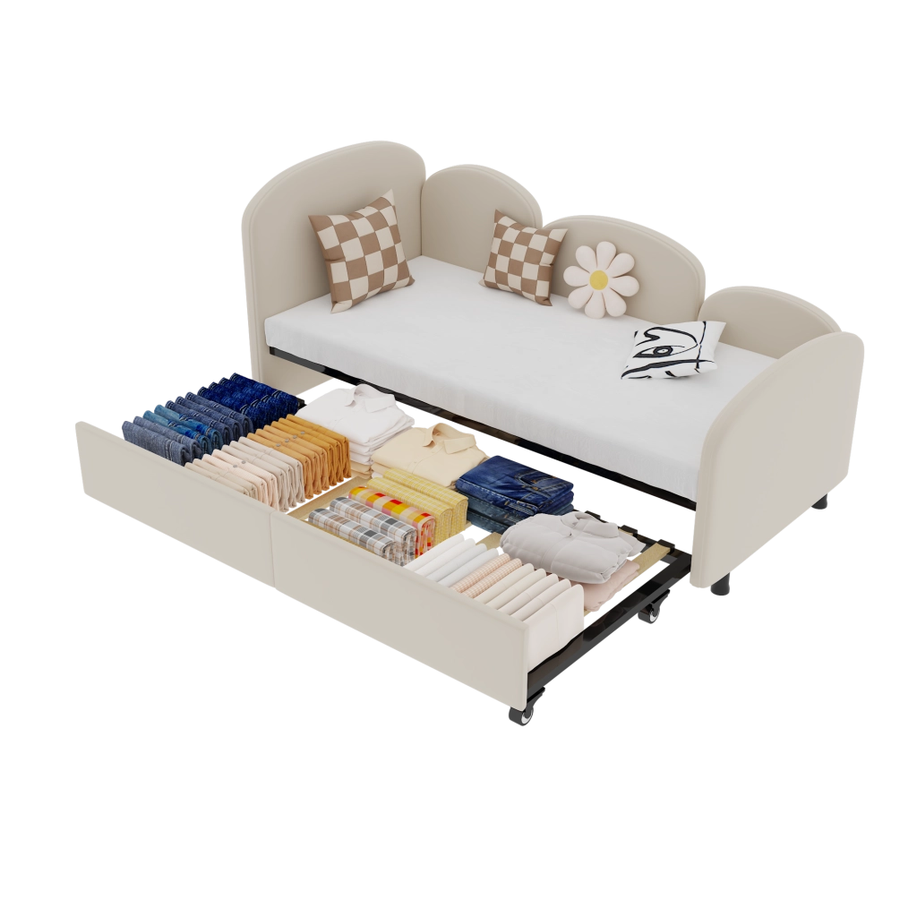 Letto per Bambini 90x200 cm; Letto Singolo - Cassetto; Bordo di Sicurezza - Velluto - Beige
