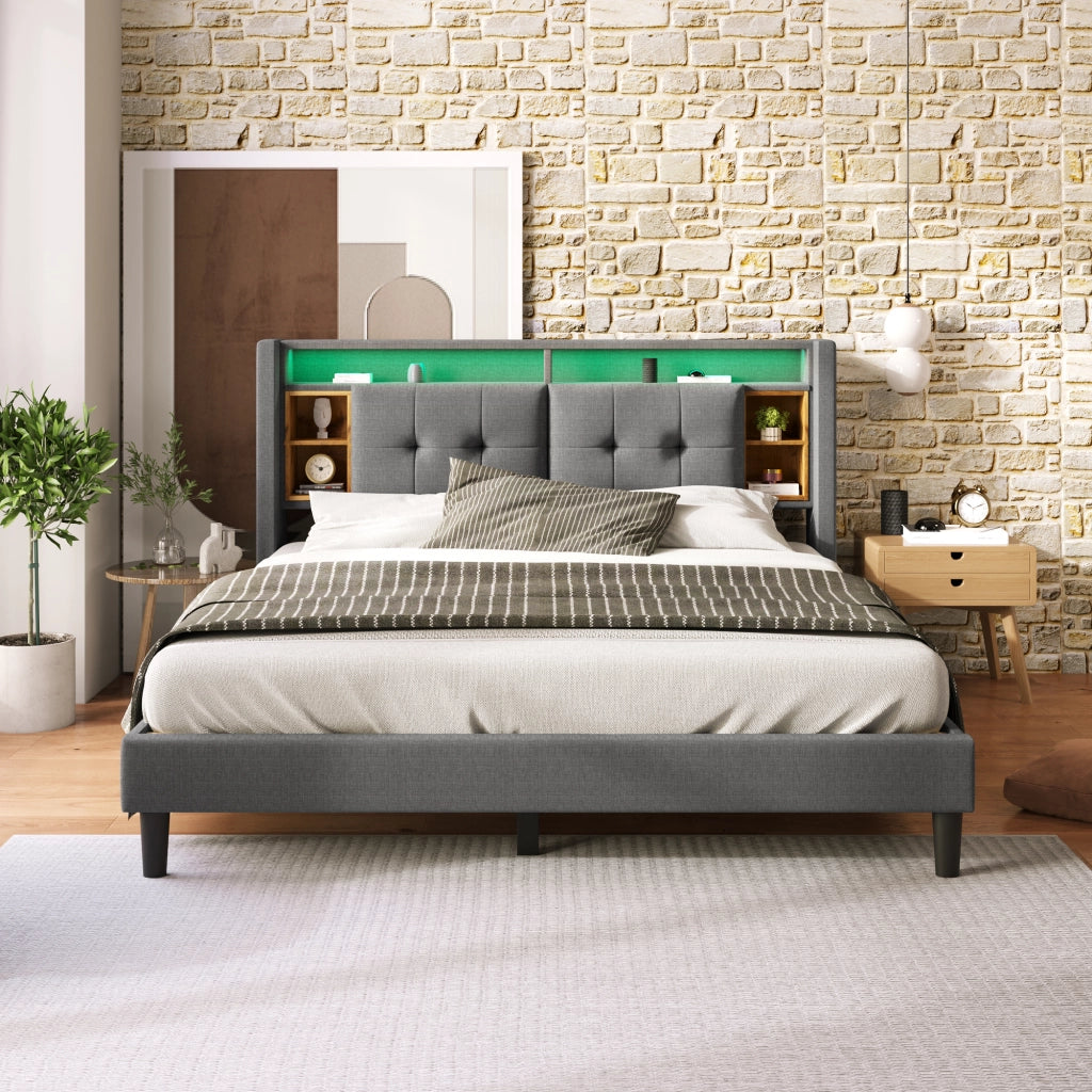DESMIU Letto contenitore 140 × 200 cm 2 posti con USB, LED, vano portaoggetti e materasso, grigio