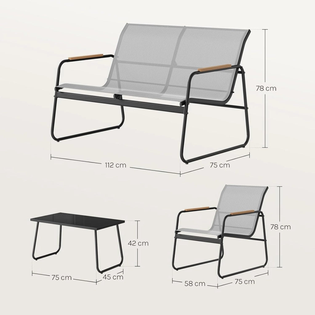 Set di Mobili da Esterno 4 Pezzi, Tavolo, Divano e 2 Sedie, Salotto da Giardino Resistente alle Intemperie, Struttura in Metallo, Tessuto Traspirante, per Balcone, Patio, Terrazza, Grigio