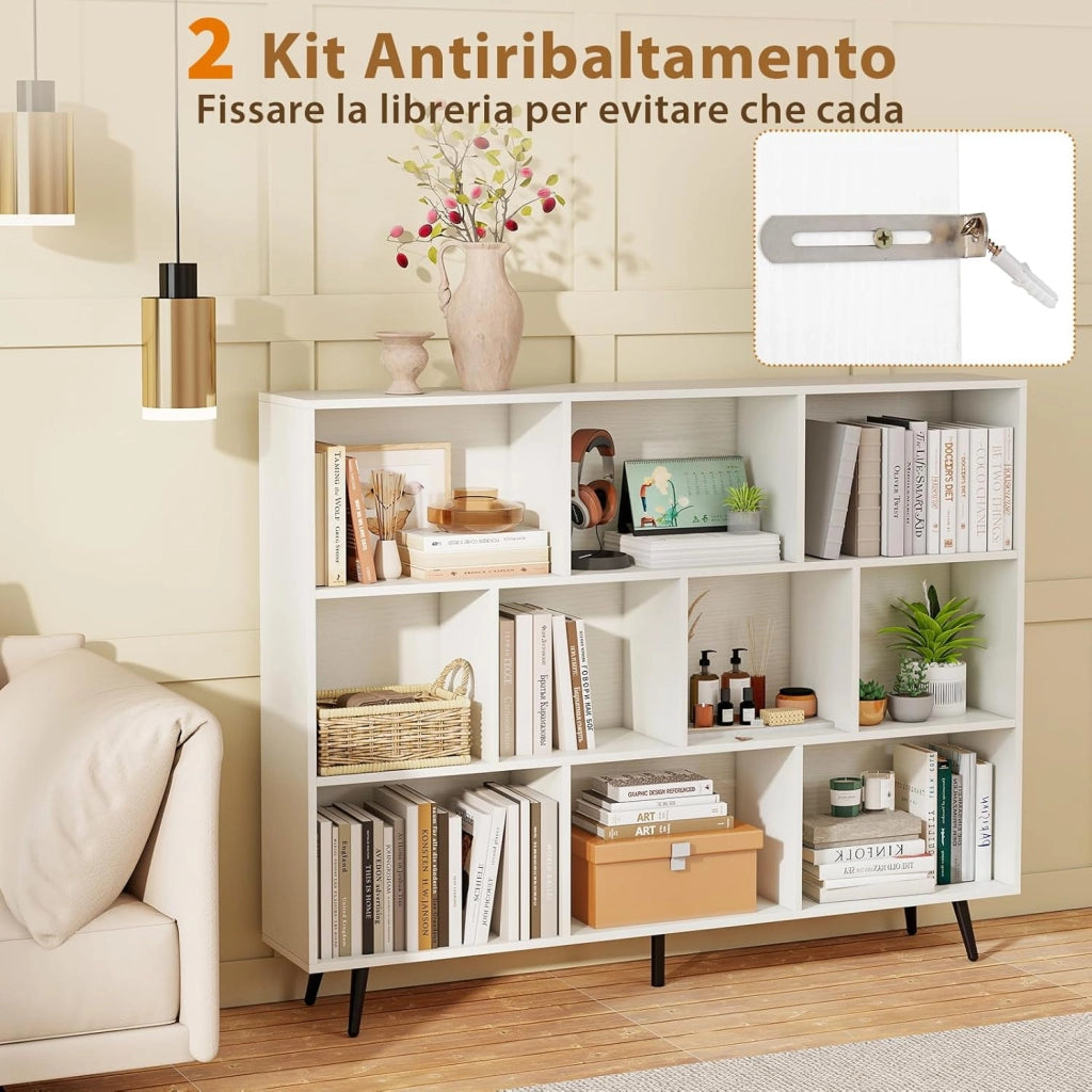 Libreria a 10 Cubi, Organizzatore di Stoccaggio Moderno con 5 Gambe di Metallo, Scaffale per Esposizione con 2 Kit Anti-Ribaltamento per Soggiorno Studio Camera da Letto, Bianco (140x24x107cm)