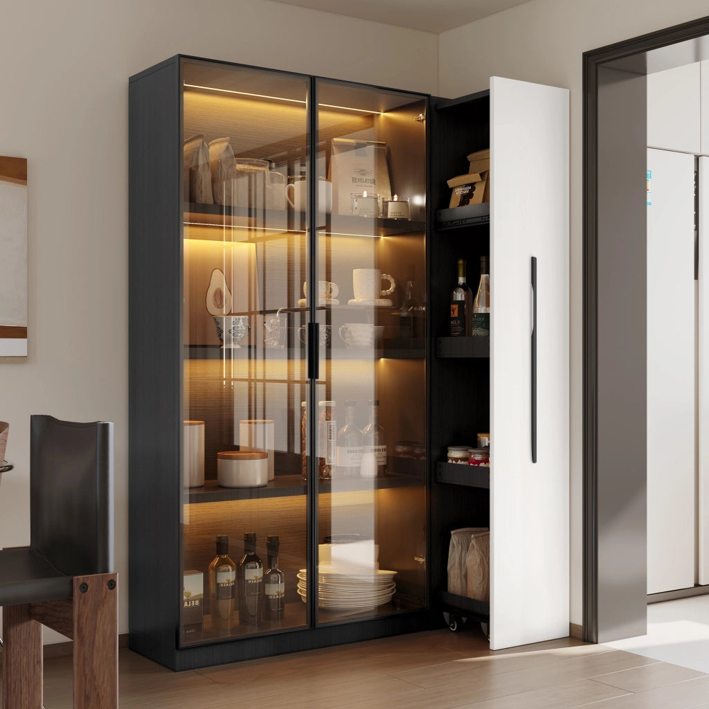 OKWISH Libreria Vetrina con Anta in Vetro e LED, Modulo Estraibile Laterale, per Soggiorno, Nero e Bianco, 110,5 x 35 x 160 cm