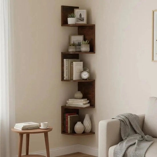 Scaffale a muro a 5 livelli con mensola per libri da parete e organizzatore di oggetti in legno rustico marrone