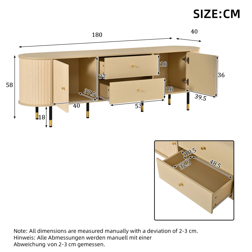 Mobile porta TV con 2 cassetti e 2 ante, passacavi e 6 gambe, per soggiorno, 180 × 40 × 58 cm, in MDF, naturale