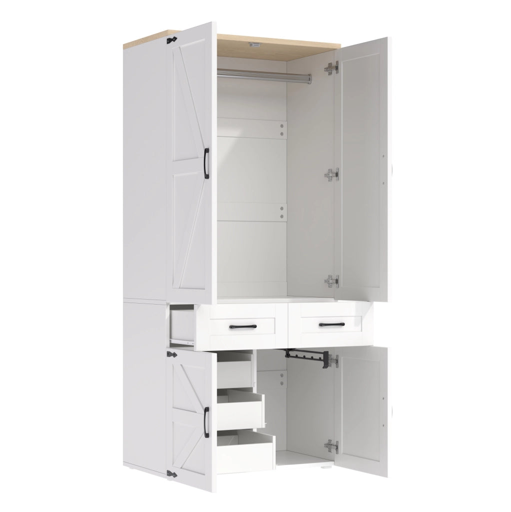 Armadio ULEVR 90x50x200 cm con 4 ante, 5 cassetti e 2 barre appendiabiti, MDF bianco stile rustico