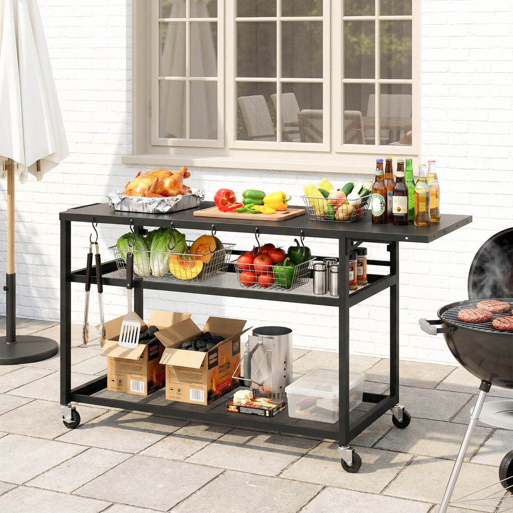 Carrello barbecue da giardino con ripiano laterale pieghevole ¨C zephmum ¨C nero, 133x48.5x82 cm
