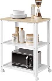 Carrello da Cucina a 3 Ripiani, con 4 Ruote Girevoli, per Cucina, Sala da Pranzo, Soggiorno, Legno e Metallo, 60x40x76cm (Bianco+Rovere Chiaro)
