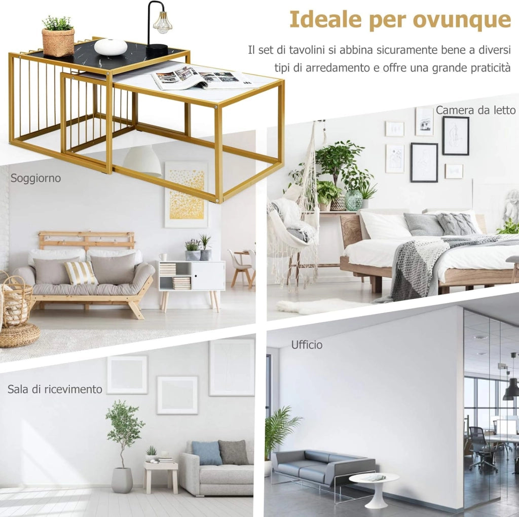 Set di Tavolini da Caffè, Tavolini da Salotto Moderni e Impilabili in Legno e Metallo, Tavolino Retangolare e Tavolino Quadrato per Soggiorno e Salone