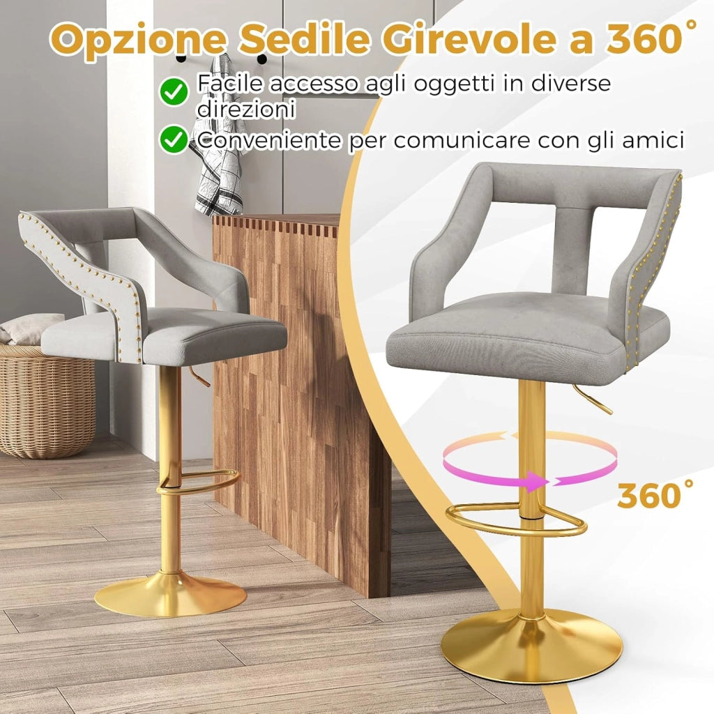 Set 2 Sgabelli da Bar in Velluto, Sedie Girevole e Regolabile con Poggiapiedi, Schienali in Forma a T, Braccioli, Base in Metallo Elettroplaccata per Cucina ad Isola e Sala da Pranzo (Grigio)