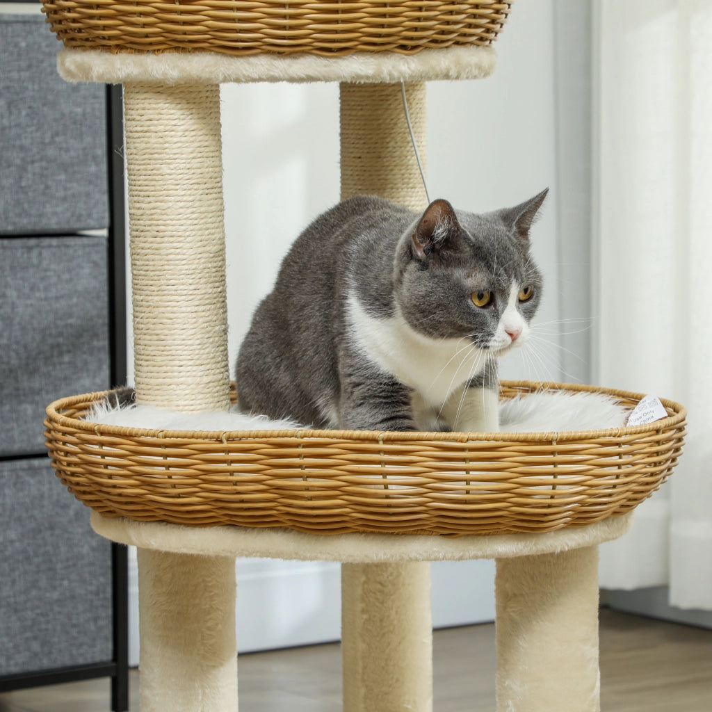 Albero tiragraffi per gatti con due cuccette in rattan e cuscini lavabili ¨C Minimal ¨C beige 75.5 cm