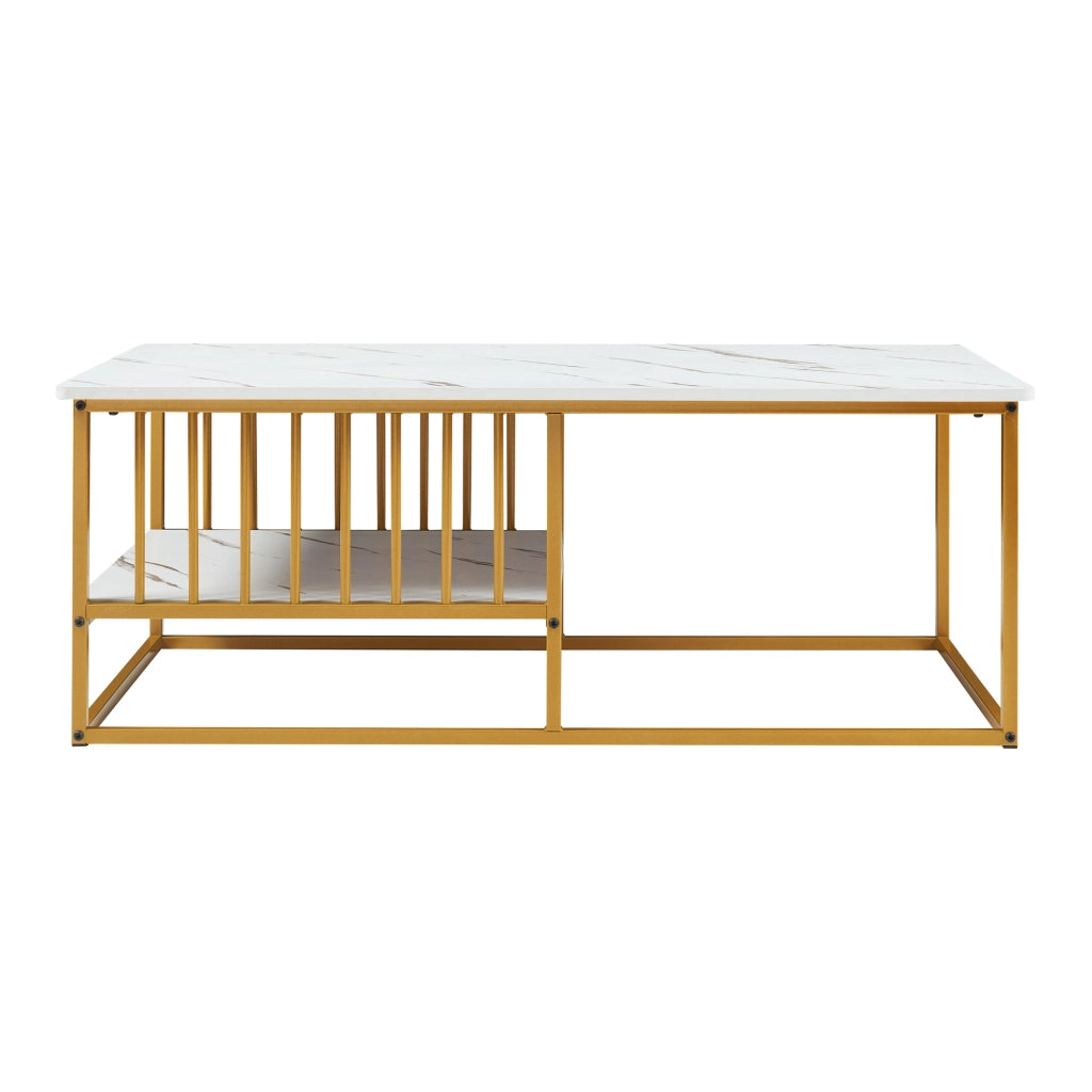 Tavolino Centrale da Salotto Raukurg con Ripiano 120 x 60 x 44 cm - Effetto Marmo Bianco / Dorato [en.casa]