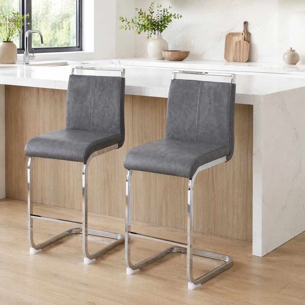 Sgabello da Bar Set da 2 con Schienale in PU, Poggiapiedi e Gambe in Metallo, Grigio Scuro Argento, 96.5 cm