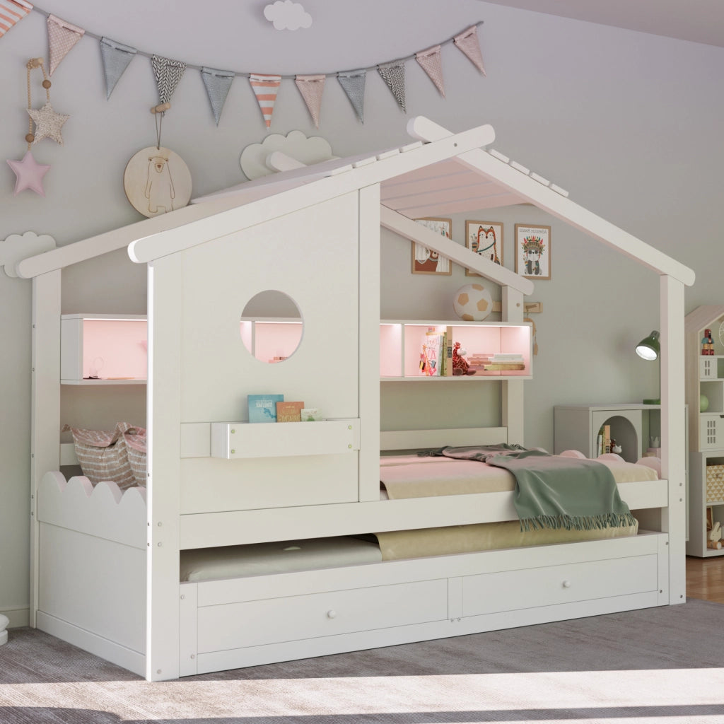 Letto Bambini con Letto Estraibile ¨C MINIMAL ¨C Bianco, LED, USB, Cassetti, 90x200