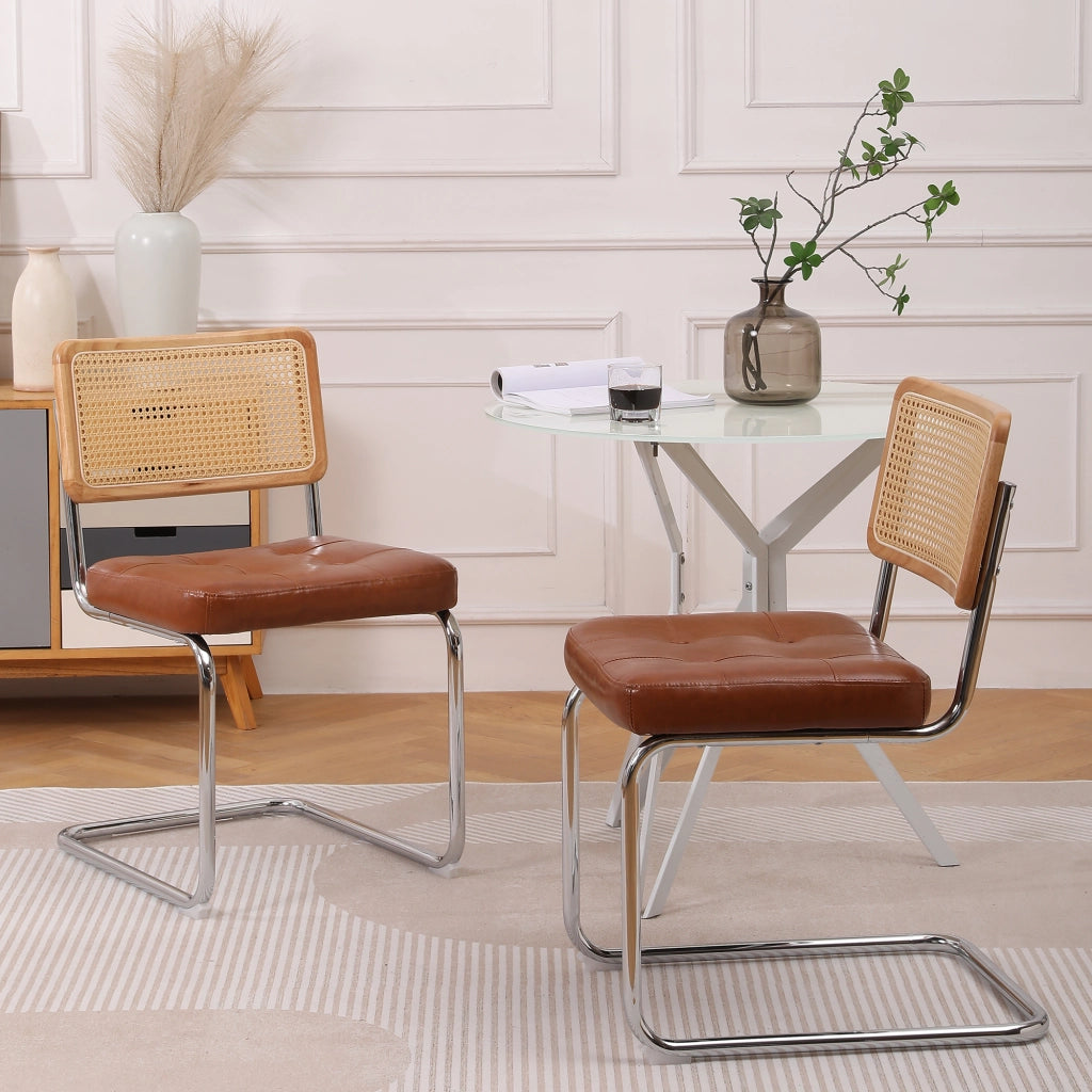 Set 2 Sedie da Pranzo ¨C MINIMAL ¨C Rattan, Similpelle, Schienale Mesh, Gambe Metallo, Marrone