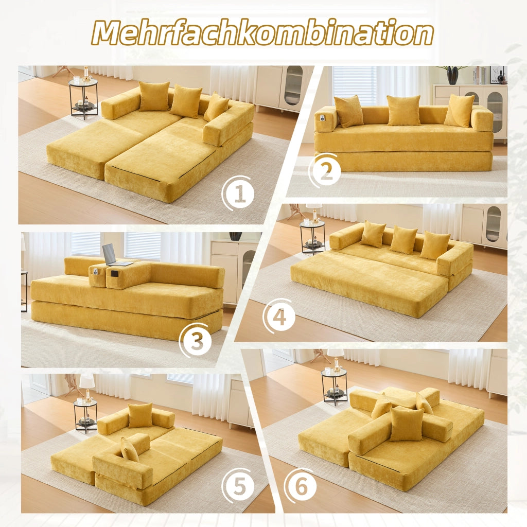 Divano modulare in ciniglia con tasche laterali, base antiscivolo e montaggio rapido, giallo senape 198 × 79 × 60 cm