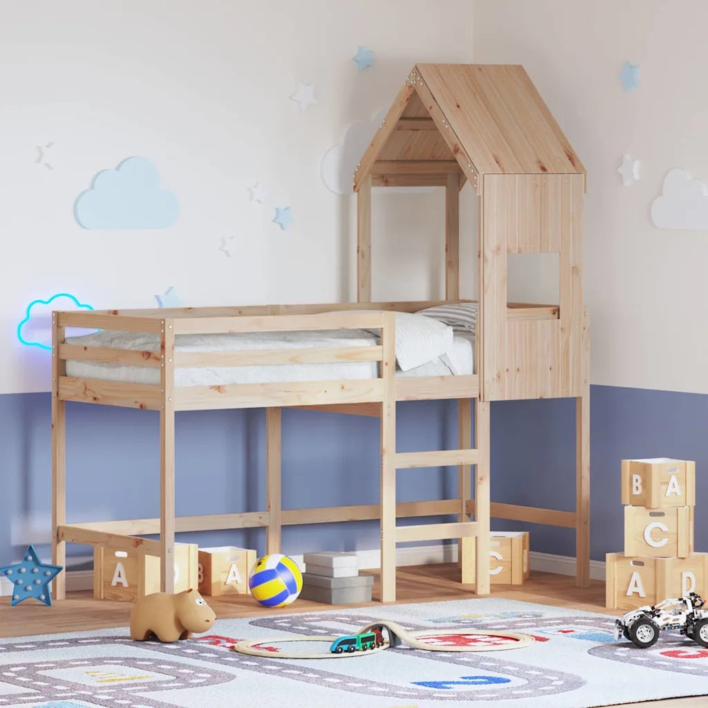 Letto Soppalco con Scala e Tetto 90x190 cm Legno Massello Pino