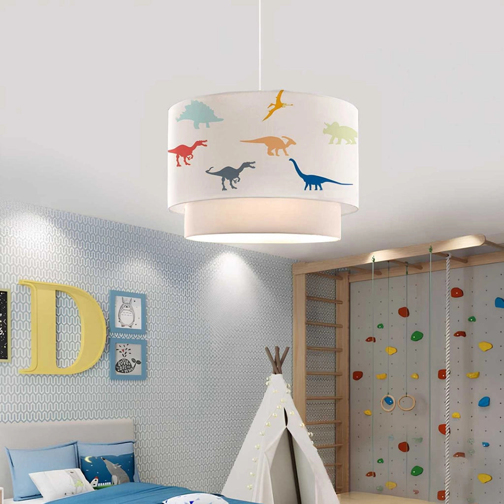 Lampada a Sospensione Lurgan per Cameretta Decorato con Dinosauri Colorati - Bianco lux.pro