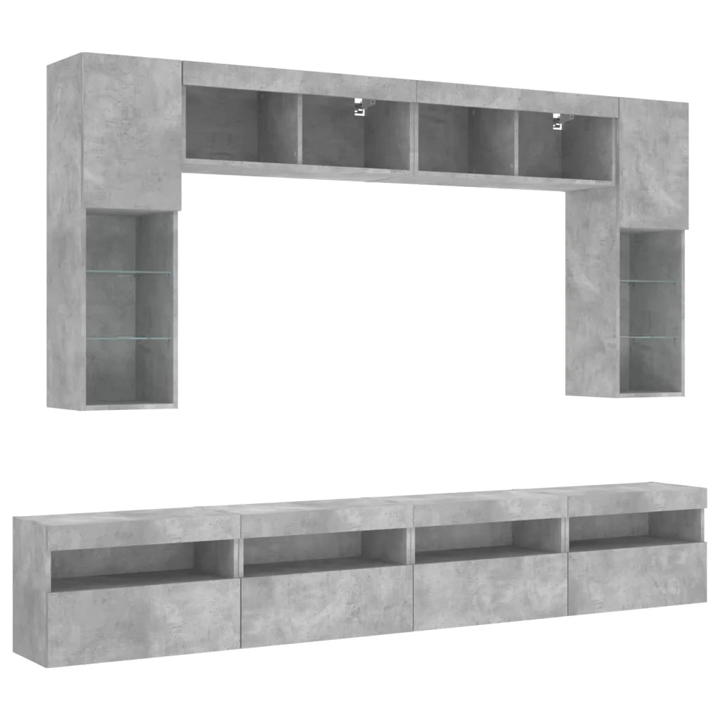 Set Mobili TV a Muro 8 pz con Luci LED Grigio Cemento