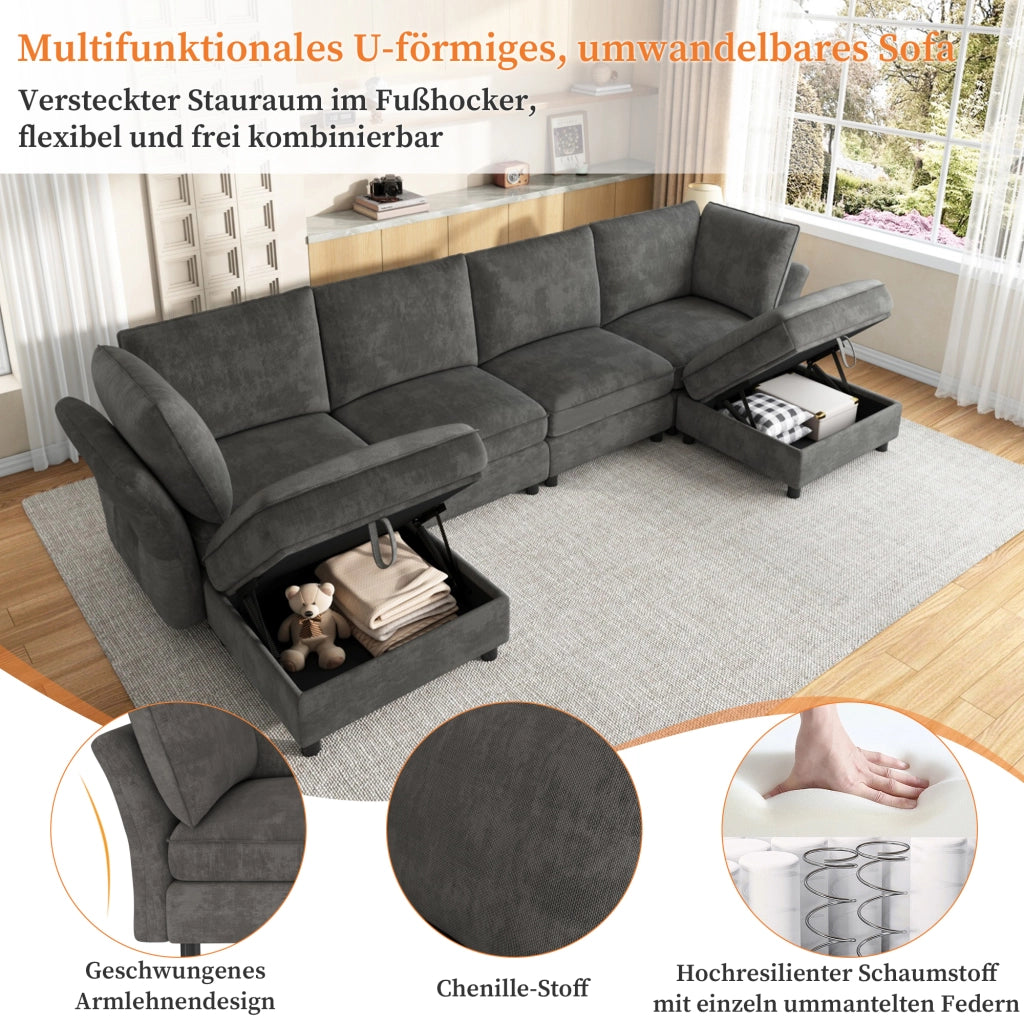 SOFA Modulare U con 2 pouf contenitore 289x137x84 cm in ciniglia grigio