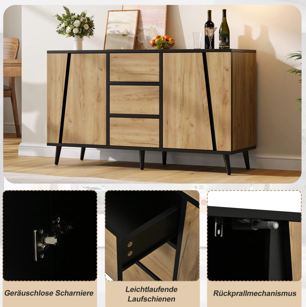 Sideboard 120x40x70 cm con 2 ante; 3 cassetti e ripiani regolabili; MDF e truciolare; naturale e nero
