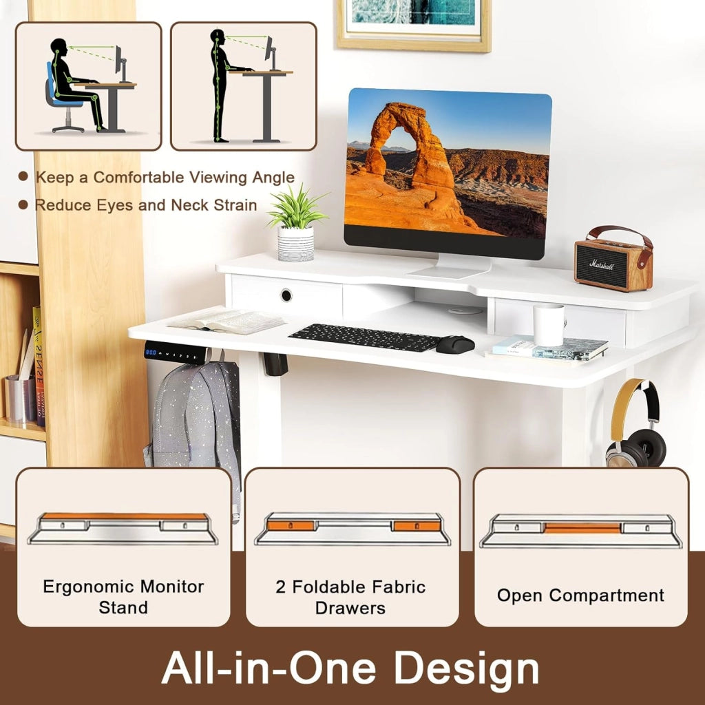 Scrivania regolabile in altezza, scrivania elettrica con supporto per monitor, 2 cassetti, 2 ganci, piccolo tavolo per computer con altezza regolabile di 73-122 cm, per studio e ufficio