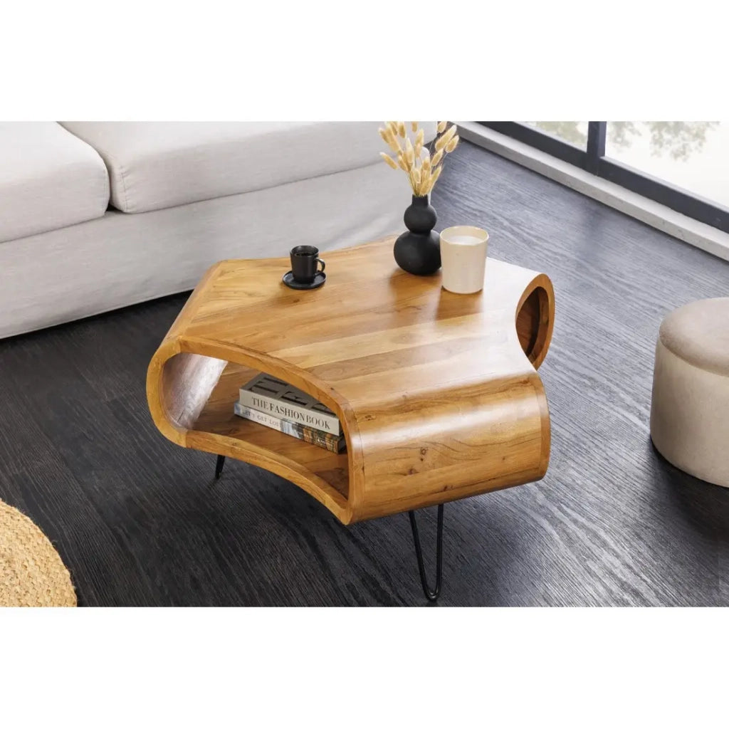 Tavolino basso NERA 70 cm in legno massiccio di acacia con nicchia e piedi in metallo nero – stile retro industriale