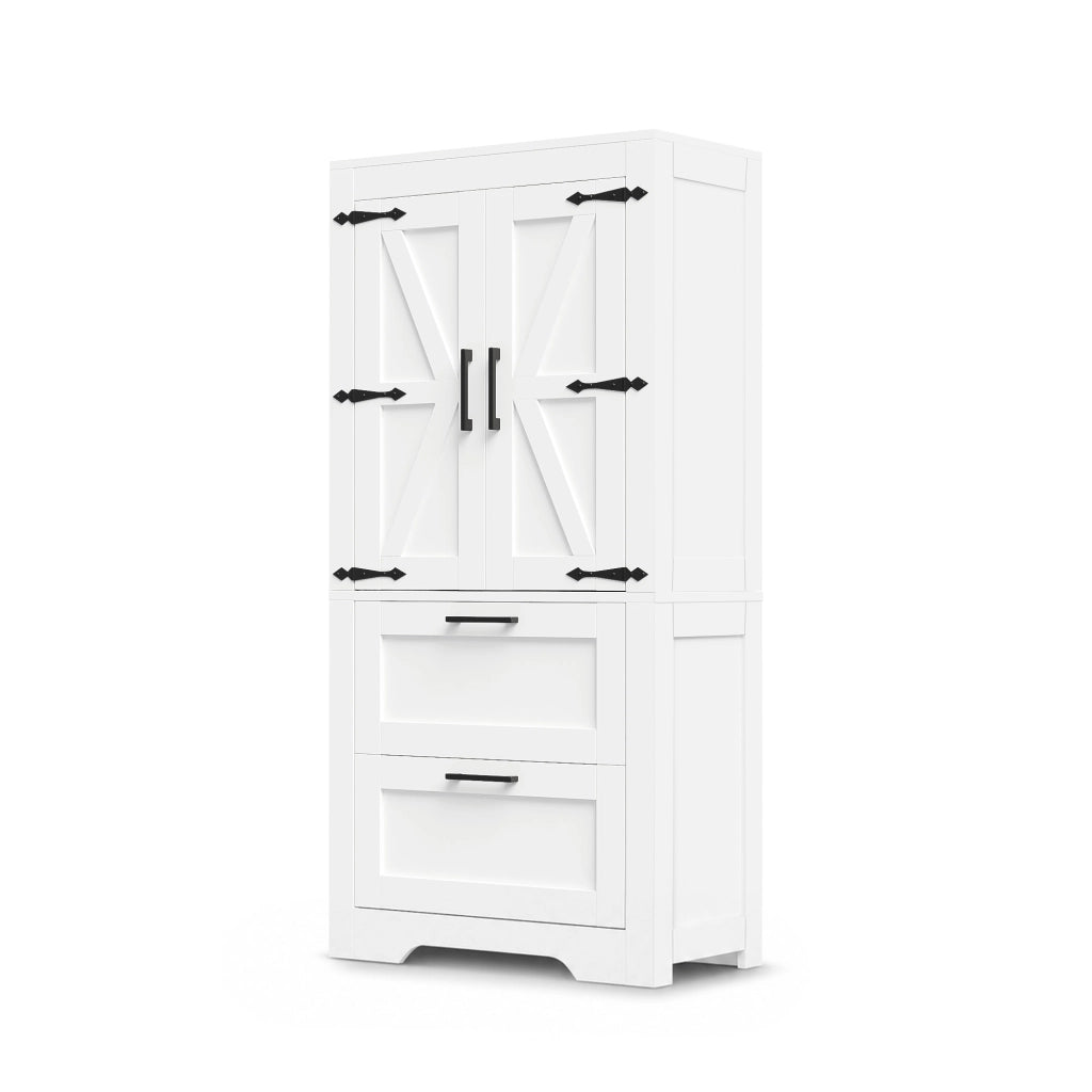 Credenza alta in stile rustico con ante effetto fienile, 2 cassetti, ripiani regolabili, colore bianco