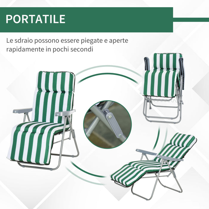 Set 2 Sedie a Sdraio da Giardino Sdraio Prendisole con Braccioli Reclinabili bianco e verde