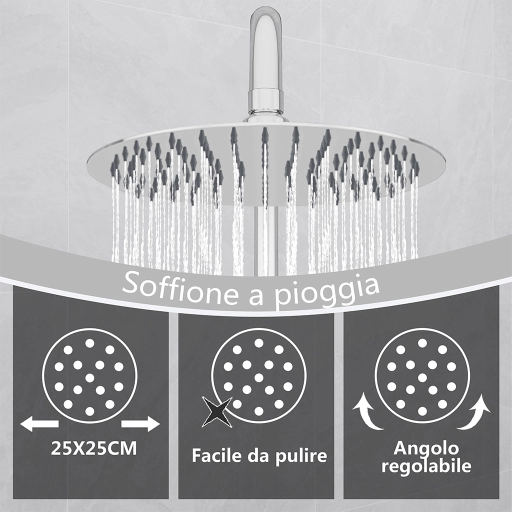 Kit doccia con miscelatore termostatico, soffione rotondo da 25cm, doccetta tonda 23x10.8cm, colonna doccia regolabile 72-120cm, cromo