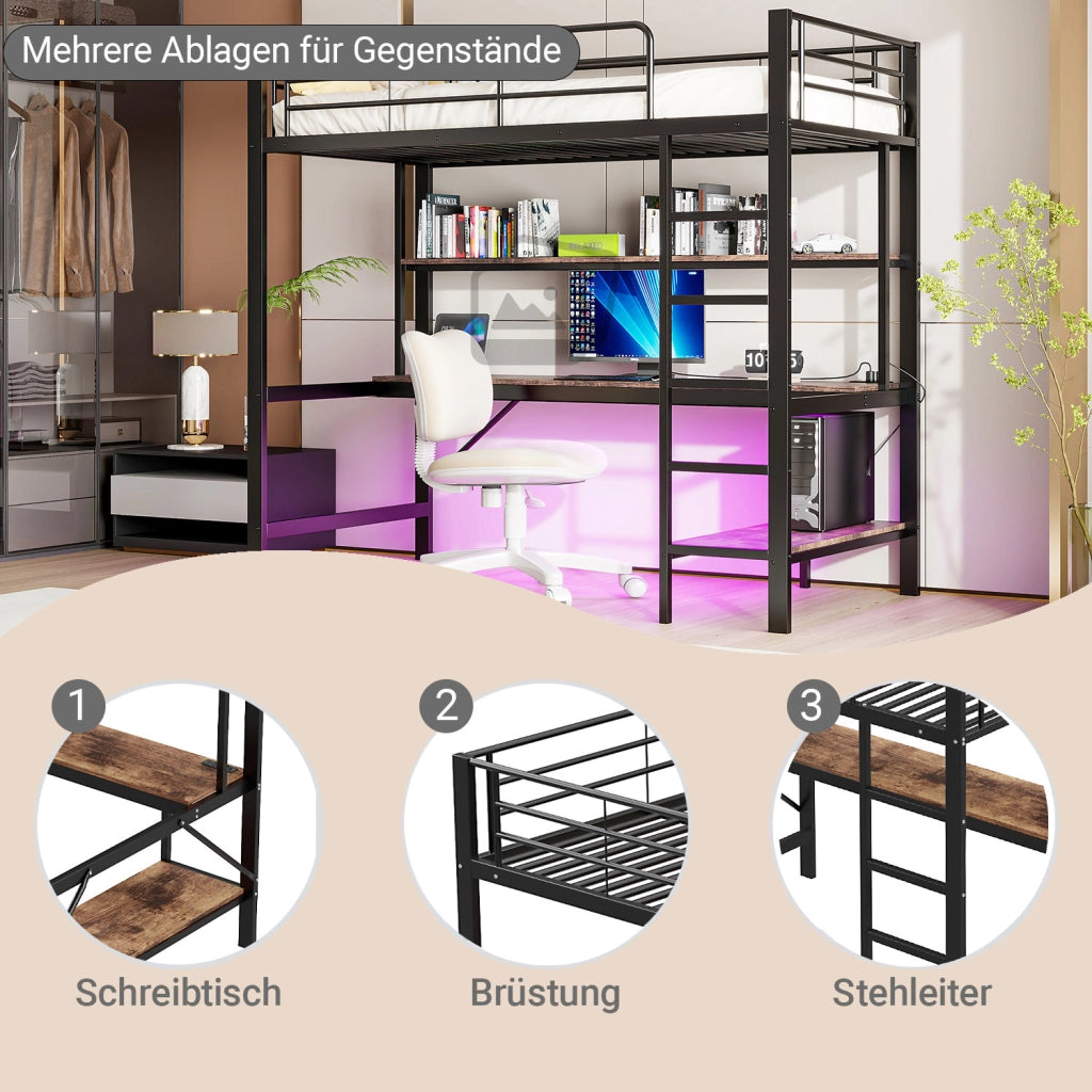 Letto a castello nero in metallo con funzione usb e presa elettrica 90x200 cm