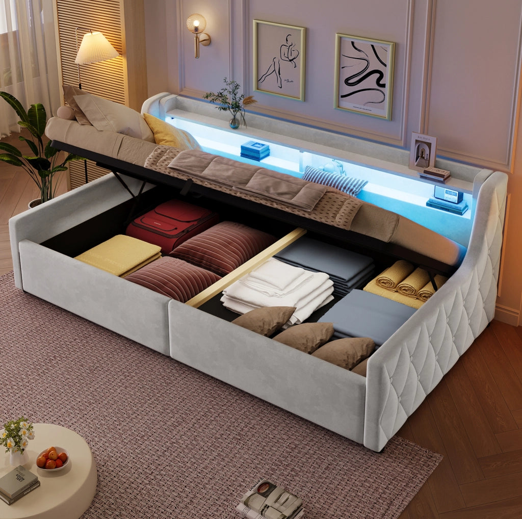 Letto singolo imbottito 90x200 cm in flanella; con LED e contenitore; bianco crema