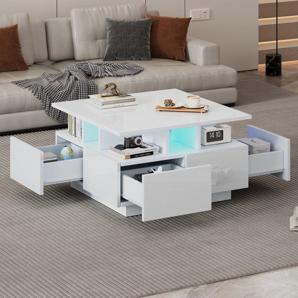 Tavolino da Caffè Cubo con 4 Cassetti e LED con Controllo App; Bianco Lucido; in Pannello Truciolare; 70×70×40 cm