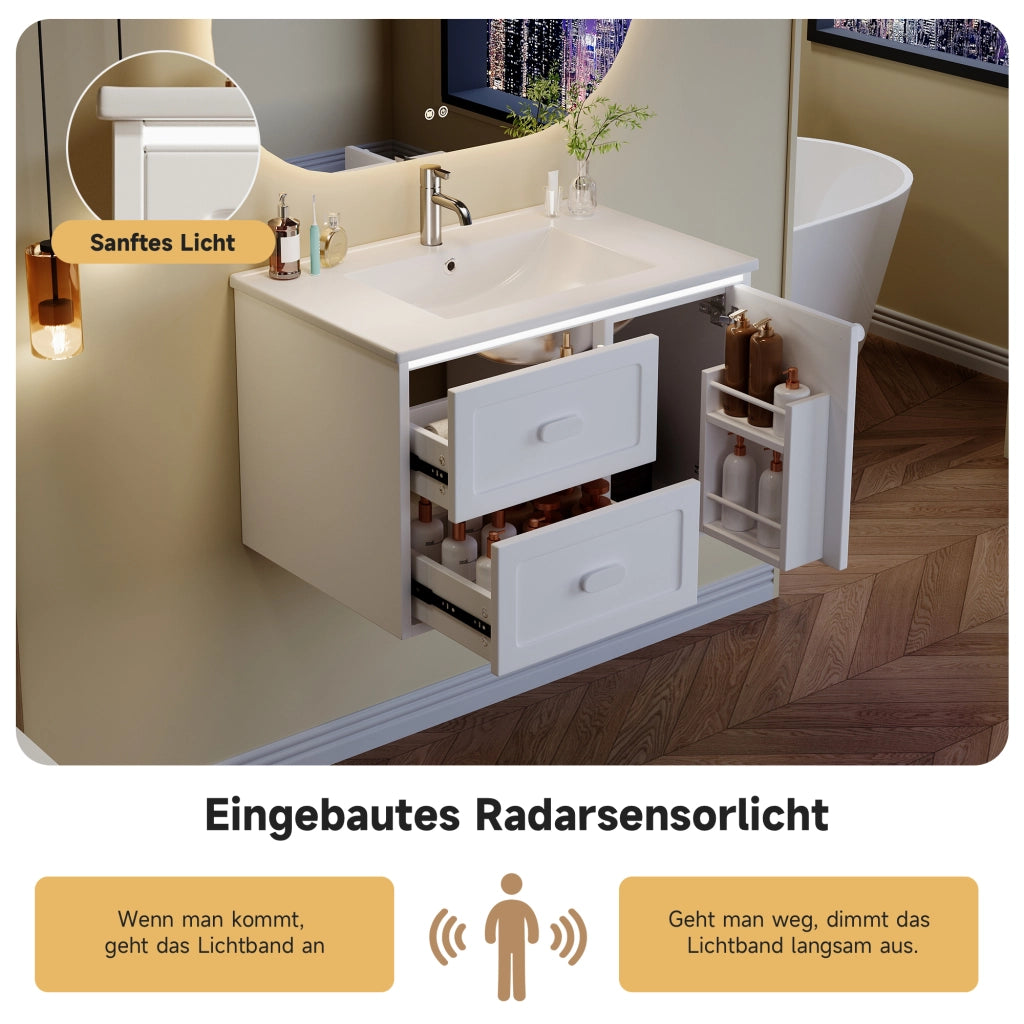 Mobile sottolavabo laccato in MDF con LED a sensore radar, 2 cassetti e 1 vano, per bagno, bianco, 76 × 46 × 51 cm