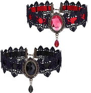 Set di collane gotiche in acciaio da 2 pezzi - Choker con decorazioni in strass - Steampunk/Vampiro - Nero/Rosso - 35 cm di lunghezza - Accessori di moda