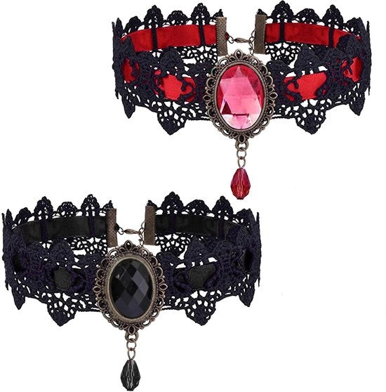 Set di collane gotiche in acciaio da 2 pezzi - Choker con decorazioni in strass - Steampunk/Vampiro - Nero/Rosso - 35 cm di lunghezza - Accessori di moda
