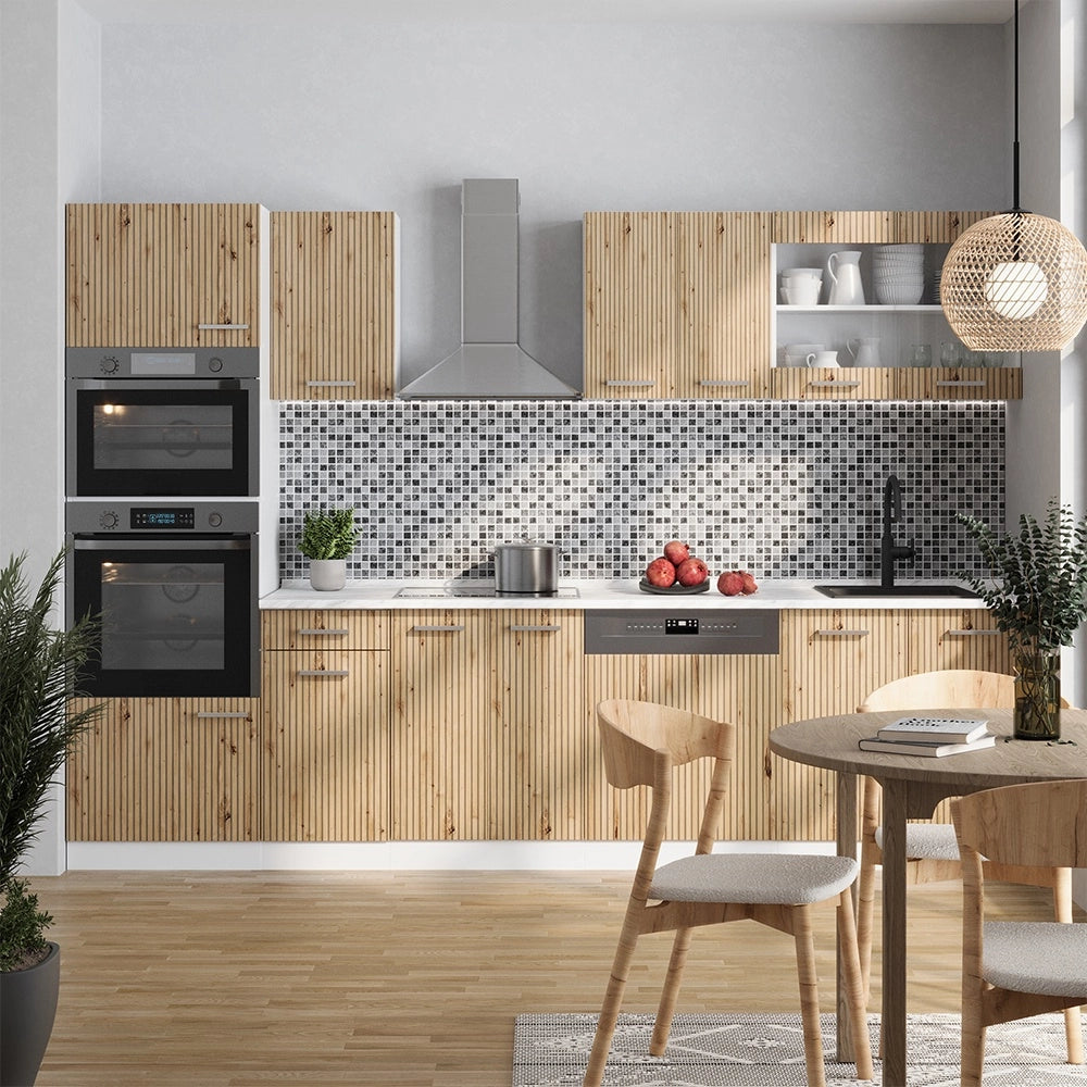Cucina componibile R-Line Rovere artigianale/Bianco 300 cm con armadio alto, PL Rovere Vicco