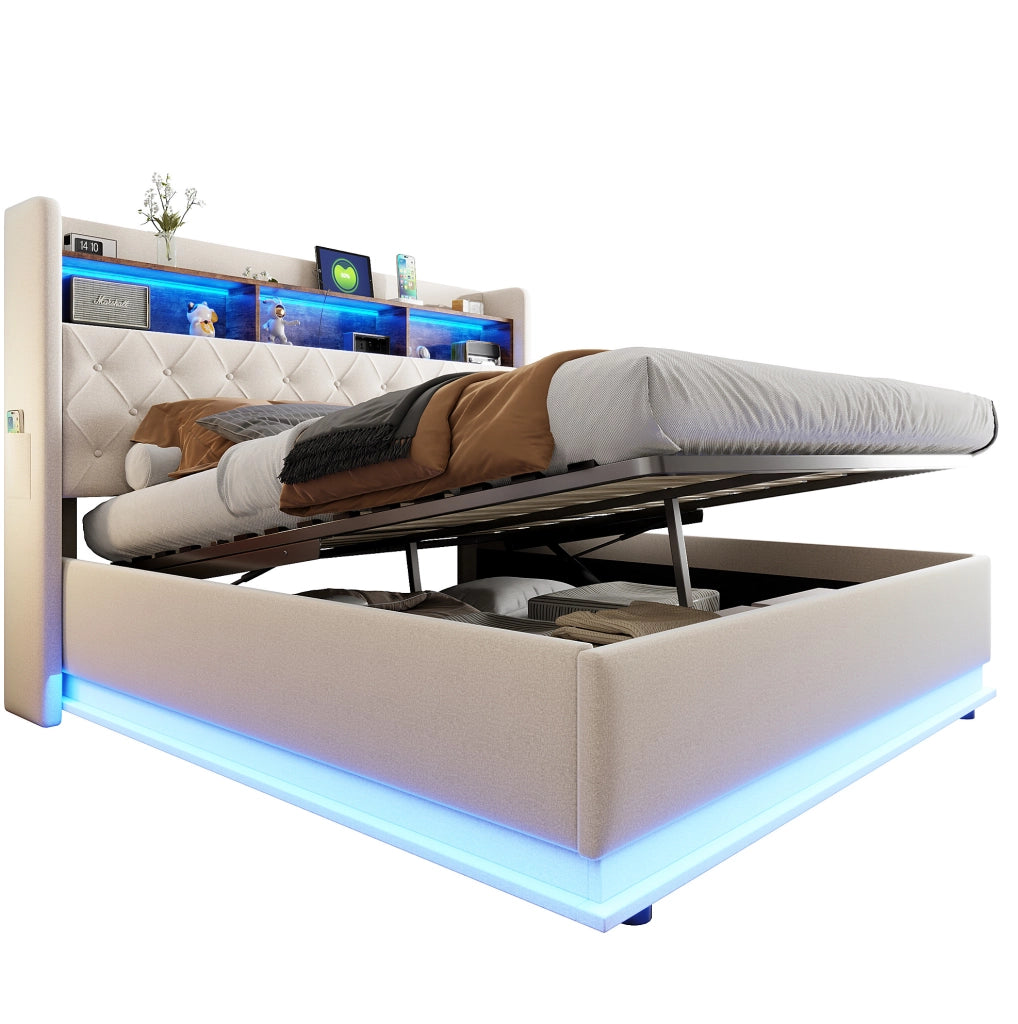 Letto imbottito LED con USB e ampio spazio contenitivo
