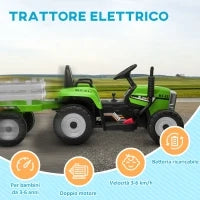 Trattore Elettrico per Bambini 3-6 Anni con Rimorchio Rimovibile, Batteria 12V e Telecomando, Verde