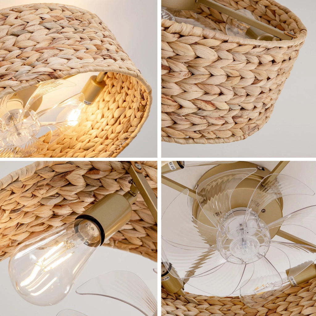 Plafoniera ventilatore da soffitto in rattan, controllo App e telecomando, rame