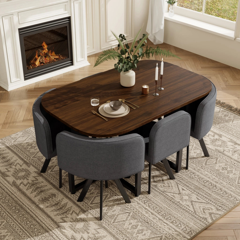 Set da pranzo con finitura effetto legno, composto da 6 sedie in tessuto di lino e un tavolo da pranzo (140 x 90 cm), grigio e noce