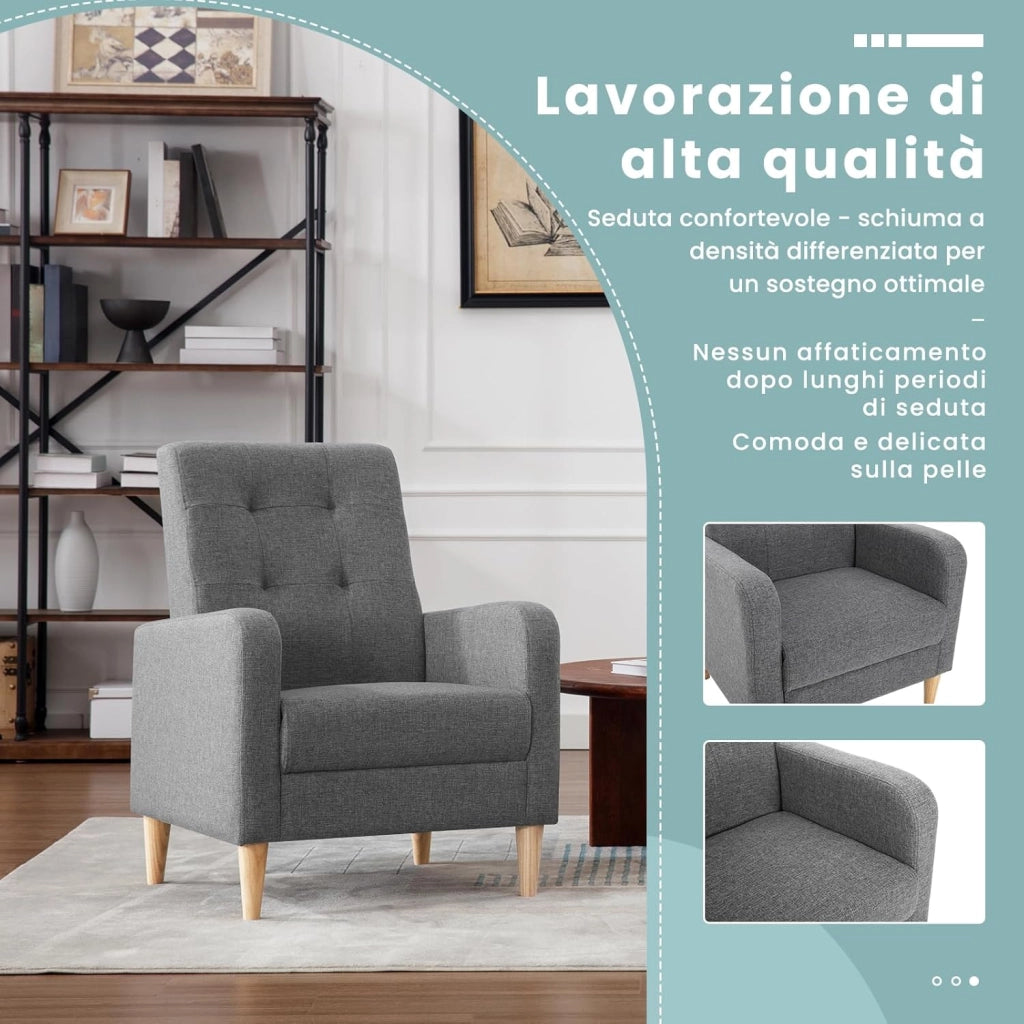 Poltrona da Salotto, Poltrona Relax con Schienale Alto, Sedia di Relax con Pieno Legno Massello Piedi, Seduta Imbottita, Rivestimento in Lino, per Salotto, Ufficio, Grigio Scuro, SKS41dgr