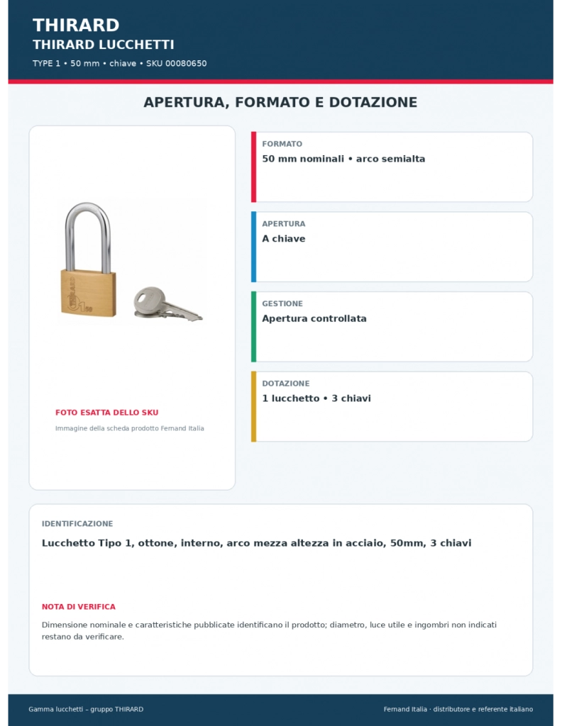 Lucchetto Tipo 1, ottone, interno, arco mezza altezza in acciaio, 50mm, 3 chiavi - THIRARD