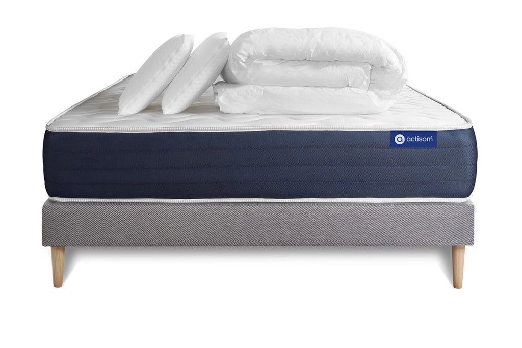 Pacchetto letto completo - Materasso 140x190cm + Box spring con doghe (in kit) + 2 cuscini + Piumino - Actilatex Sleep