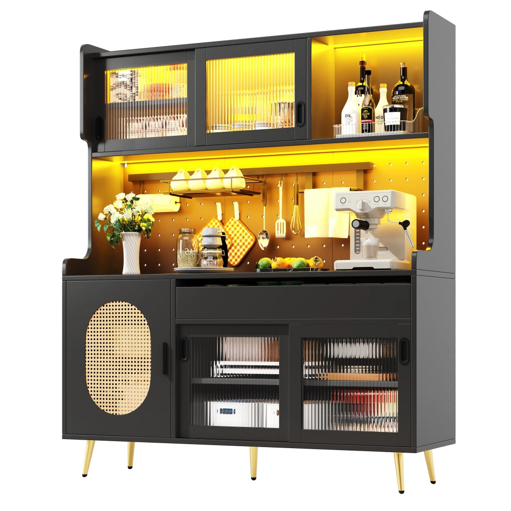 Credenza Buffet con Ante e LED ¨C MINIMAL ¨C Legno Marrone/Nero, 145x39x171