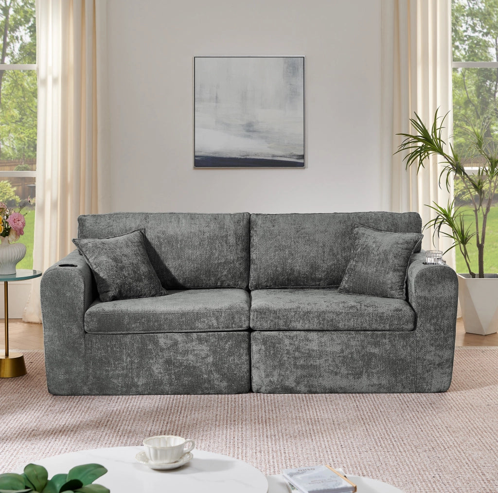 Divano relax 2 posti in chenille grigio con USB; tasche laterali; portabicchieri e cuscini