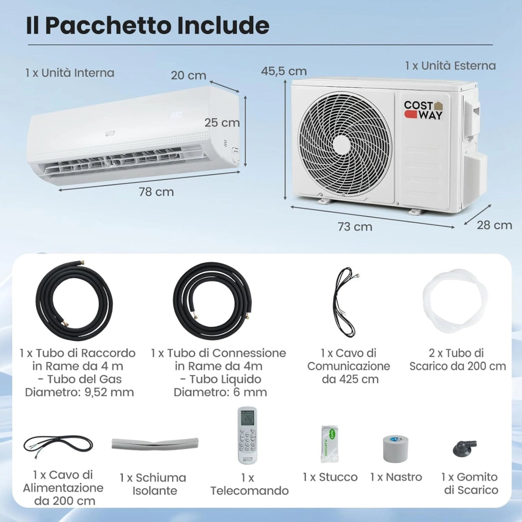 Climatizzatore Monosplit, Condizionatore Split con Pompa di Calore, Tecnologia Inverter, Flusso d’aria 4D con 8 Velocità, Funzione di Autopulizia e Timer di 24 ore (9000BTU, 2,6kW)