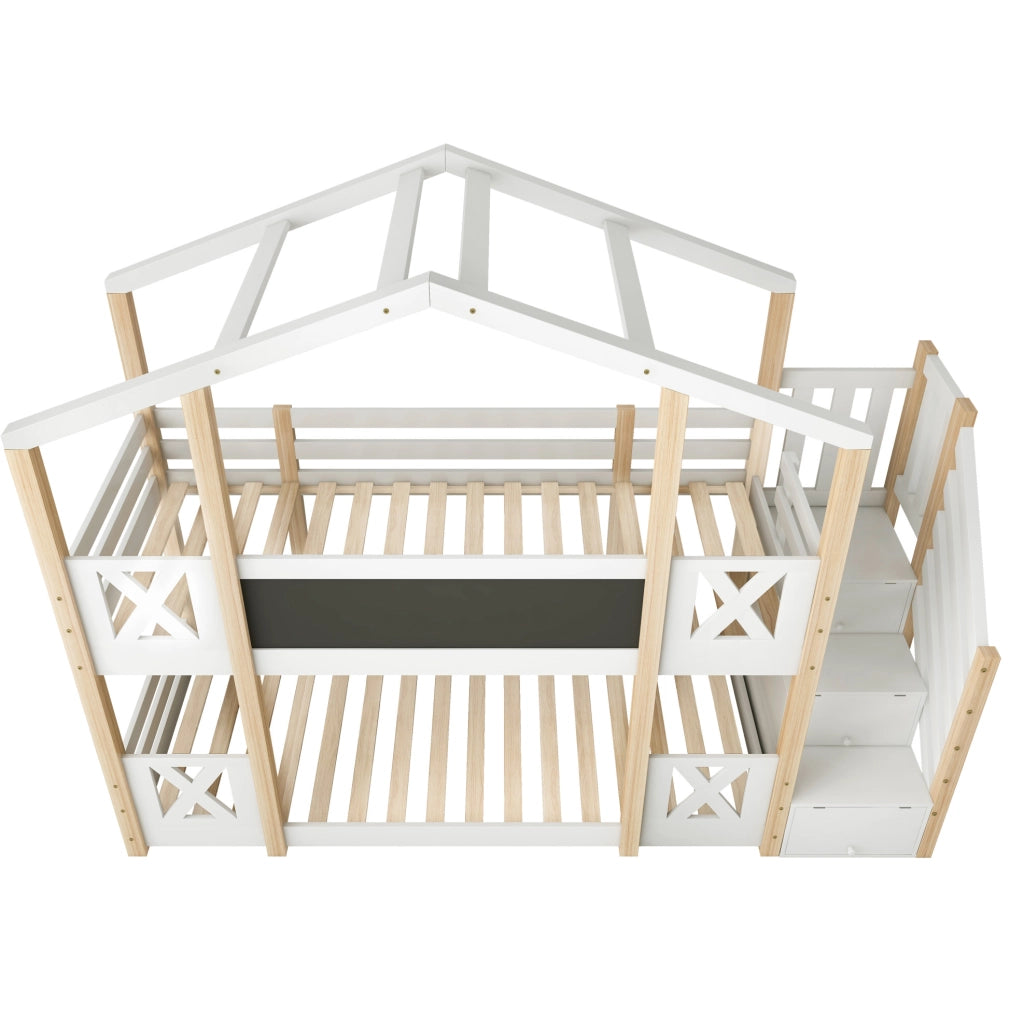 Letto a soppalco per bambini 90x200 cm in legno bianco e naturale con scala contenitore