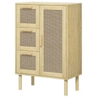 Mobile da Bagno in Stile Bohémien con 3 Cassetti e 3 Mensole, Frontale in Rattan Intrecciato, Compatto, 55 x 30 x 82 cm, Quercia