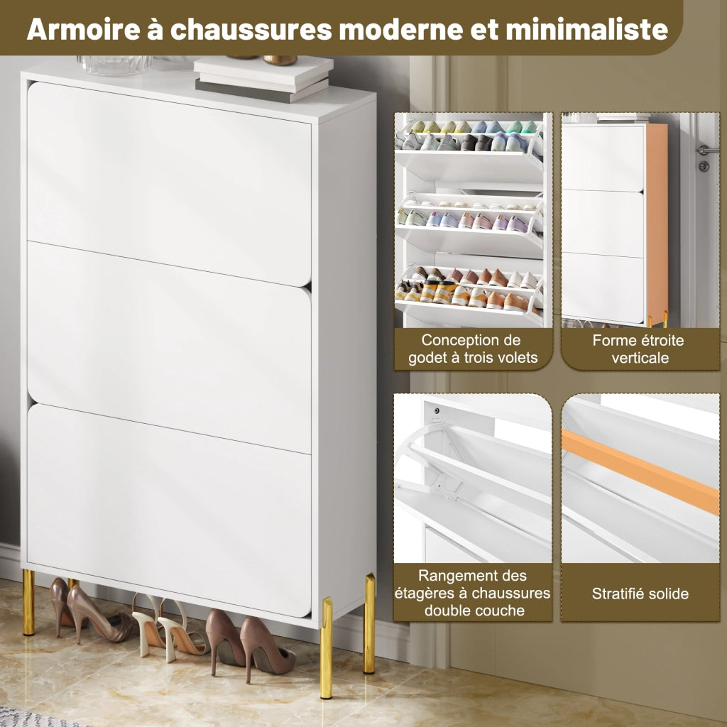 OKWISH Scarpiera con 3 Ante e Ripiani Interni, Senza Maniglie, per Ingresso o Balcone, MDF Bianco, 73 x 24 x 120 cm